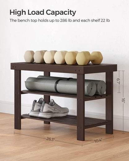 SONGMICS Shoe Rack Bench, 3-Tier Bamboo Shoe Storage Organizer, Entryway Bench, Holds Up to 286 lb, 11.3 x 27.6 x 17.8 Inches, for Entryway Bathroom Bedroom, Brown ULBS04Z
