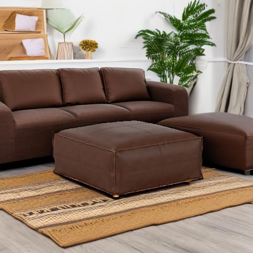 SIMPLIHOME Brody 30-inch Wide Large Square Coffee Table Pouf in Distressed Dark Brown, Vegan Faux Leather Ottoman, Footrest, or Extra Seating for Living Room, Assembled
