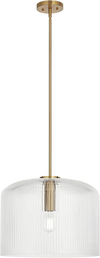 Possini Euro Design Lallie 18" Modern Art Deco Pendant Ceiling Light Fixture Dining Room Over Table Kitchen Island Foyer Drum Hanging Warm Brass Finish Ribbed Glass Hallway Entryway Living Room