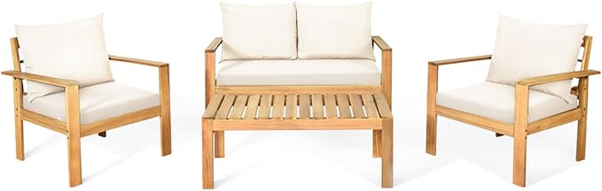 COSTWAY 4 Pieces Outdoor Acacia Wood Sofa Set, Outdoor Conversation Sofa Set with Table & Cushions Porch Chairs for Garden, Patio, Deck