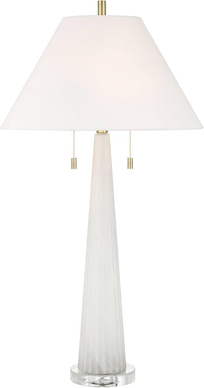 Possini Euro Design Regina 33" Tall Large Modern Glam End Table Lamp 2-Light Pull Chain White Finish Glass Single Fabric White Shade Living Room Bedroom Bedside Nightstand House Office Home Reading