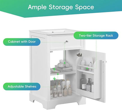 22" Bathroom Vanity Cabinet, Modern Freestanding Bathroom White Small Bathroom Storage Cabinet with Sink Combo and Adjustable Shelve for Small Space (20"× 18"×34")