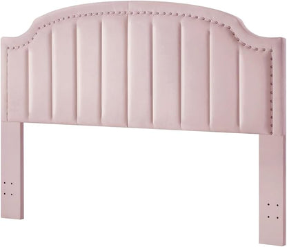 24KF Velvet Fabric Upholstered King/California King Headboard with Nail Trims, Modern Vertical Channel Design with Curved King Headboard, 6052-K-Pink