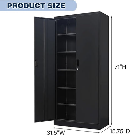 BESFUR Metal Storage Cabinet with 5 Adjustable Shelves and 2 Lockable Doors, 71" Black Garage Storage Cabinet, Locking Cabinet with for Office, School, Garage