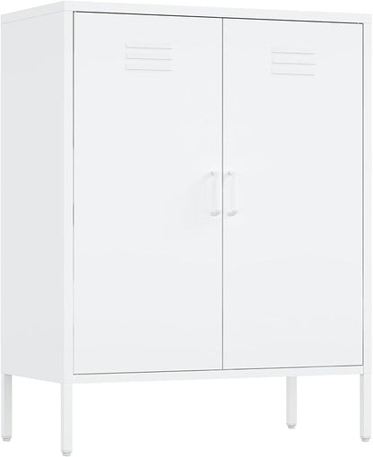 Manhattan Comfort Naomi Modern Metal Accent Cabinet, Minimalist Storage Cabinet with Doors & Adjustable Shelves, Vented Doors, Sturdy Steel Build, Versatile & Multi-Purpose Home Furniture, White