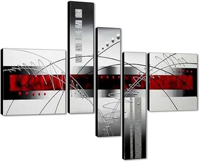 Wieco Art Extra Large Size 5 Piece Perfect White Lines Modern Stretched and Framed Artwork 100% Hand-Painted Abstract Oil Paintings on Canvas Wall Art 5pcs/set