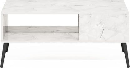Furinno Claude Mid Century Style Coffee Table with Wood Legs, Marble White