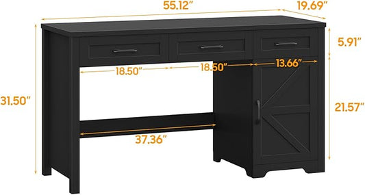 Farmhouse 59" Executive Desk,Computer Desk with 3 Drawers and Storage Cabinet,Workspace for Home Office and Study. Pure Black