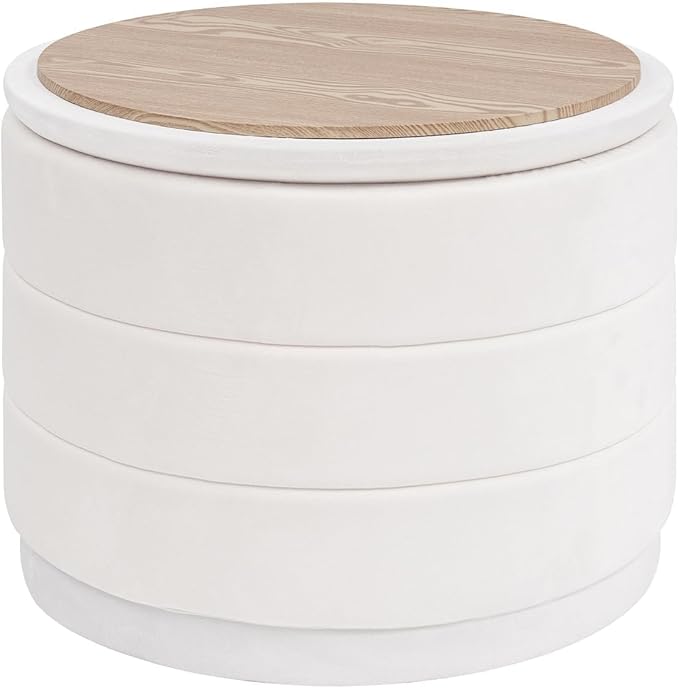 PINPLUS Large Round Velvet Storage Ottoman, White Upholstered Footstool with Hidden Storage, Sturdy Coffee Table Ottoman for Living Room & Bedroom