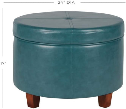 HomePop Round Leatherette Storage Ottoman with Lid, Teal