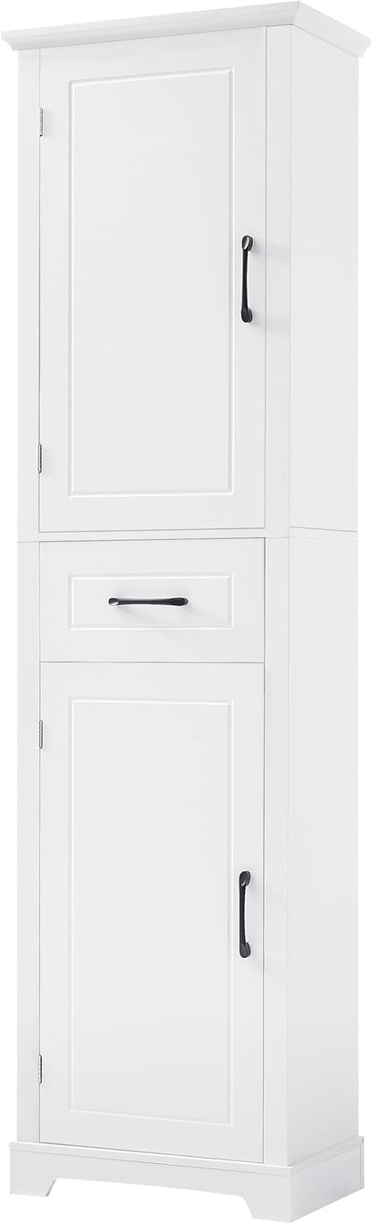 Bathroom Tall Storage Cabinet, Floor Freestanding Storage Cabinet with 2 Doors, One Drawer, Door Shelve Design, and Adjustable Shelf for Bathroom, Office, Multi-Use Organizer, White