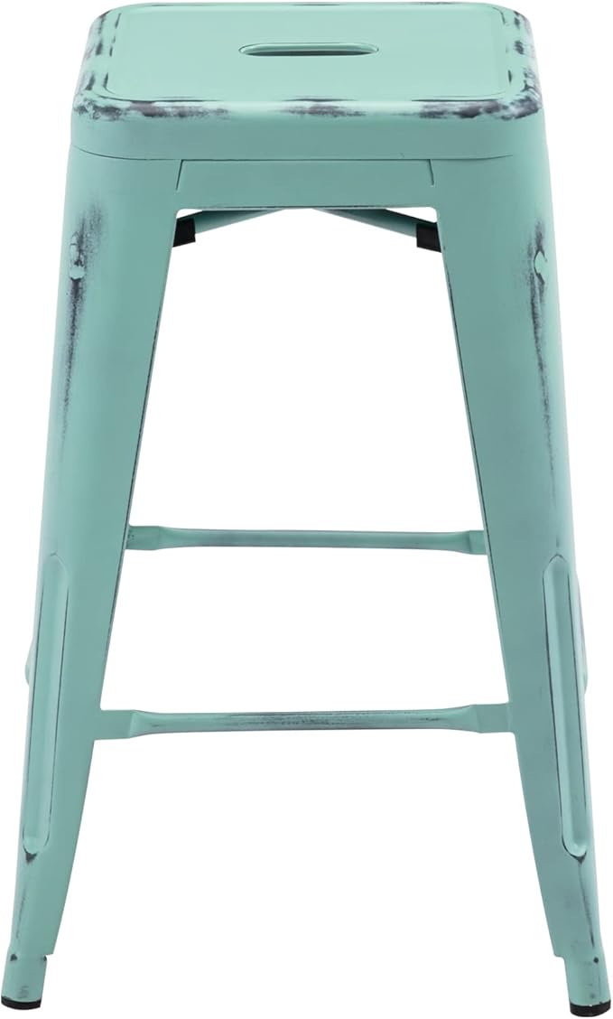 Vogue Furniture Direct 24 Inch Metal Bar Stools, Backless Counter Height Barstools, Indoor Outdoor Stackable Stools with Square Seat, Set of 4 (Distressed Mint Green)