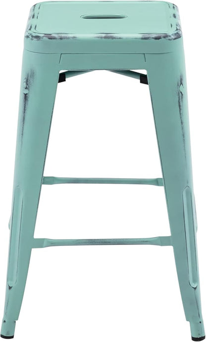 Vogue Furniture Direct 24 Inch Metal Bar Stools, Backless Counter Height Barstools, Indoor Outdoor Stackable Stools with Square Seat, Set of 2 (Distressed Mint Green)