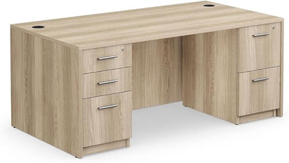 NBF at Work Double Pedestal Executive Office Desk - Durable Laminate Computer Desk with Two Drawers - Office Desk with Storage and File Cabinet - Ash Finish Work Desk for Home (72" W)