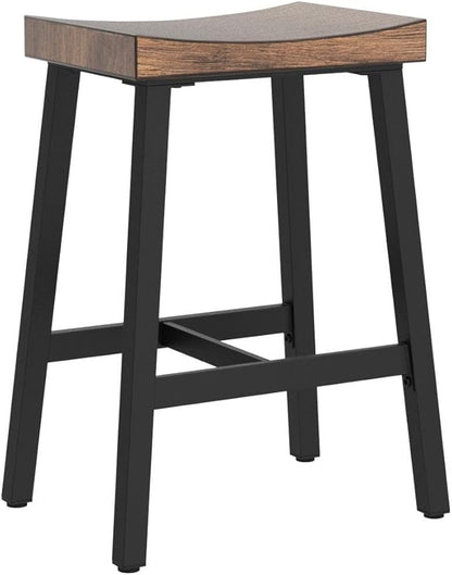 OUllUO Bar Stools Set of 2, Backless Saddle Barstools, 25" Counter Height Bar Stools, Solid Wood Counter Stools with Metal Frame, 521P-BBWD