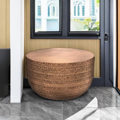 SIMPLIHOME Johnsen 30-inch Wide Metal Drum Coffee Table in Antique Copper, Boho-Style Cocktail Table for Living Room or Family Room, Assembled