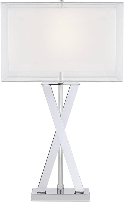 Possini Euro Design Proxima Modern Table Lamp with White Marble Riser 28" Tall Chrome Silver Metal Double Rectangular Shades Decor for Bedroom Living Room Nightstand Bedside Office Kids Room