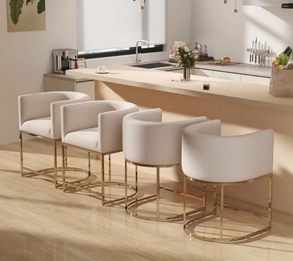 Contemporary Cream Linen Bar Stools Set of 4, 24" Upholstered Fabric Counter Height Barstools Kitchen Counter Island Stools with Golden Metal Base