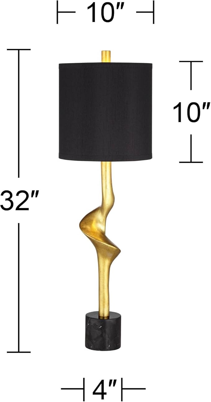 Possini Euro Design Minerva 32" Tall Large Modern Glam Luxury End Table Lamp Sculptural Gold Leaf Finish Marble Black Shade Living Room Bedroom Bedside Nightstand House Office Home Reading Kitchen