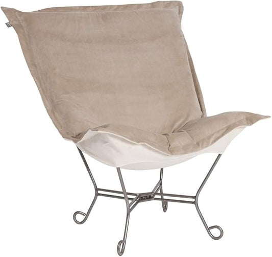 Howard Elliott Scroll Puff Rocker Seating Chair With Cover, Multipurpose Alternate Seating Butterfly Chair with Titanium Frame, Patio Furniture for Camping, Home, Indoor & Outdoor, Bella Sand