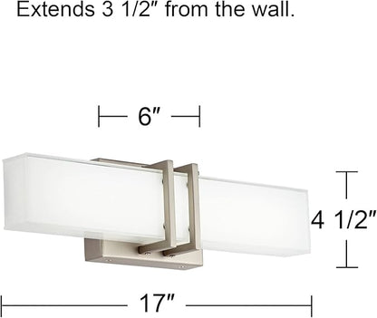 Possini Euro Design Exeter Modern Art Deco Wall Mount Light LED Brushed Nickel Silver Metal 17" Wide Vanity Fixture Rectangular Silk Screened Glass Shade Decor for Bathroom Over Mirror House Home