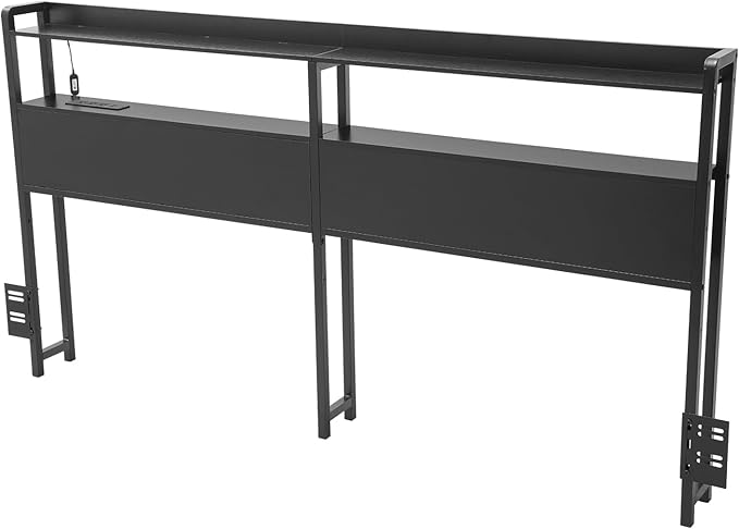 VEVOR Headboard for King Size Bed, Adjustable Height Headboard with 2 Shelves Storage, Freestanding Head Board with Charging Station and LED Light for Different Bed Frames, Easy Assembly, Black