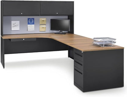 NBF Carbon L Shaped Executive Office Desk with Hutch - Durable Laminate Computer Desk with 3 Drawers - Modern Desk with Storage and File Cabinet - Work Desk with Right Return (72" W x 96" D, Oak)