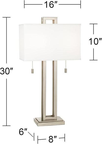 Possini Euro Design Gossard 30" Tall Rectangle Large Modern End Table Lamps Set of 2 Pull Chain Silver Brushed Nickel Finish Metal White Shade Living Room Bedroom Bedside Nightstand House Office