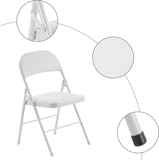 4PCS Elegant Folding Metal Chairs with Padded Seats,Potable Iron & PVC Durable Chairs for Convention & Exhibition Easy to take fit for Any Occasions 330lbs Capacity (White, 4 PCS)