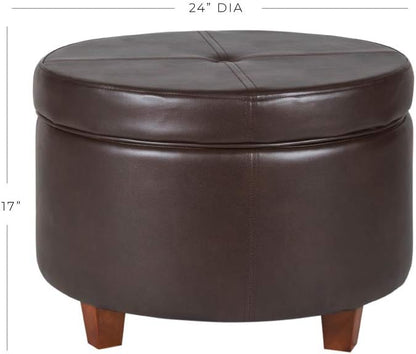 HomePop Round Leatherette Storage Ottoman with Lid, Chocolate Brown Large