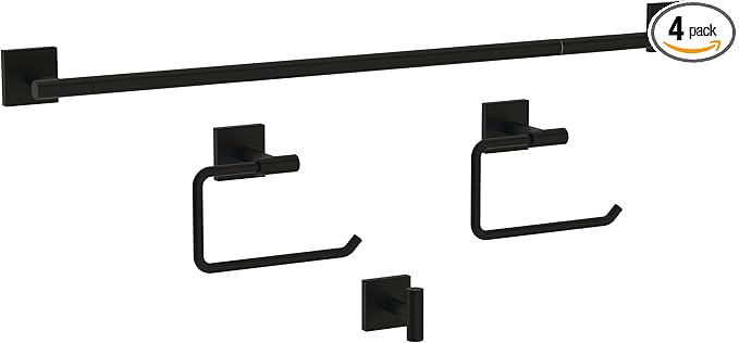 Franklin Brass Nash 4-Piece Bathroom Set Matte Black 18" Towel Bar Rack w/ 6" Extender, Toilet Paper Holder, Hand Towel Holder, Hook | Bathroom Accessory Set Towel Holder Hardware NASH64-MB