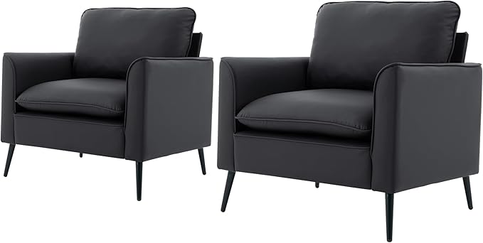 YISHENG Mid-Century Modern Living Room Accent Chairs Set of 2 - Oversized Faux Leather Armchairs with Removable Cushions & Metal Legs, Comfortable Sofas for Office/Lounge/Bedroom/Reception,（Black）