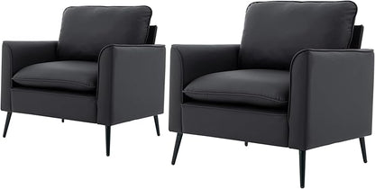 YISHENG Mid-Century Modern Living Room Accent Chairs Set of 2 - Oversized Faux Leather Armchairs with Removable Cushions & Metal Legs, Comfortable Sofas for Office/Lounge/Bedroom/Reception,（Black）