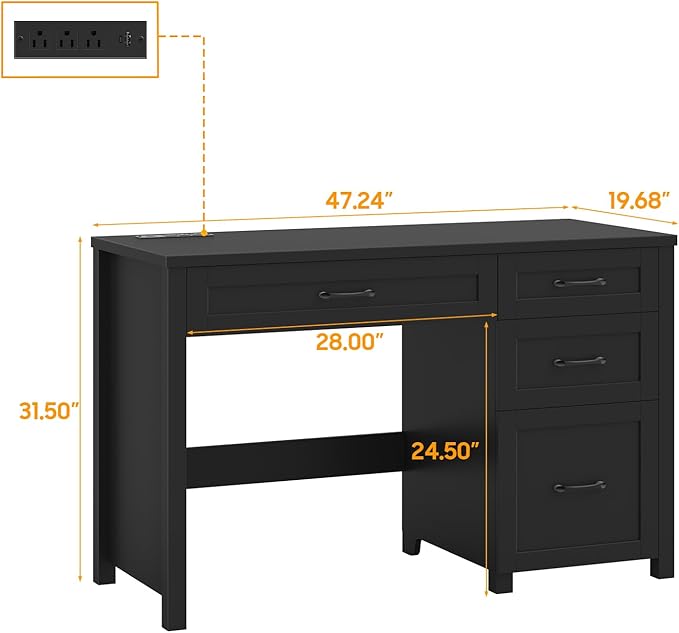 Vabches Farmhouse 47" Executive Desk, Computer Desk with File Drawer and Charging Station, Workstation for Home Office, Study,Pure Black.