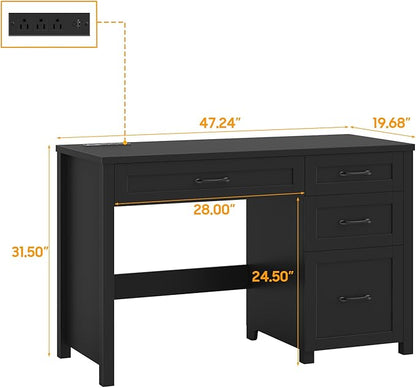 Vabches Farmhouse 47" Executive Desk, Computer Desk with File Drawer and Charging Station, Workstation for Home Office, Study,Pure Black.
