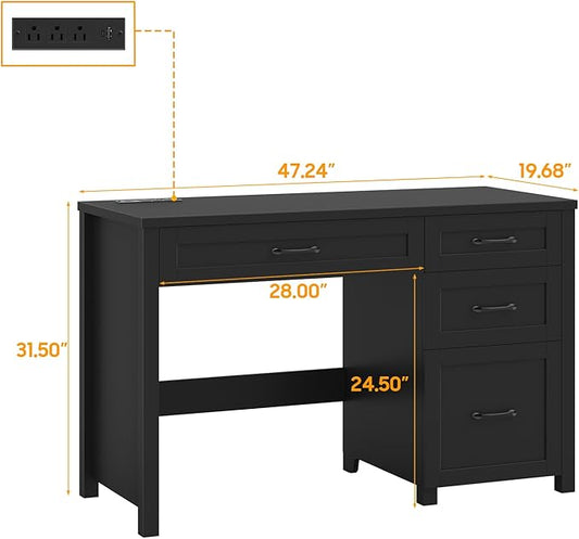 Vabches Farmhouse 47" Executive Desk, Computer Desk with File Drawer and Charging Station, Workstation for Home Office, Study,Pure Black.