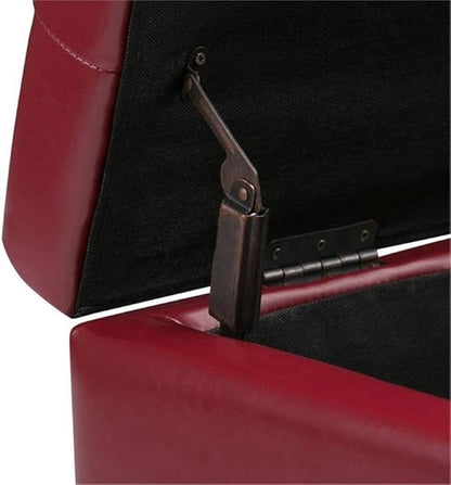 SIMPLIHOME Cosmopolitan 34 inch Wide Transitional Rectangle Storage Ottoman in Red Vegan Faux Leather, Assembled, For the Living Room, Entryway and Family Room