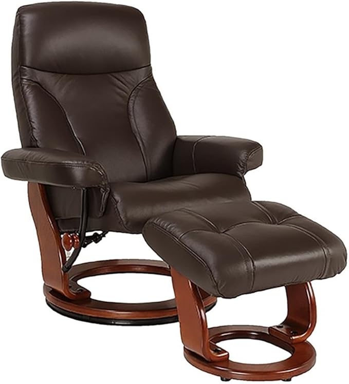Pemberly Row Contemporary Brown Leather Swivel Recliner with Matching Ottoman