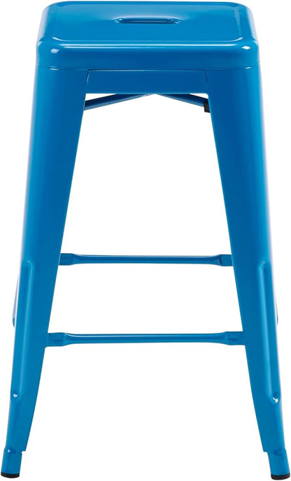 Vogue Furniture Direct 24 Inch Metal Bar Stools, Backless Counter Height Barstools, Indoor Outdoor Stackable Stools with Square Seat, Set of 2 (Blue)