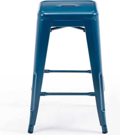 Vogue Furniture Direct 24" Bar Stools Backless Metal Barstools Indoor-Outdoor Counter Height Stools with Square Seat, Set of 4 (Deep Blue)