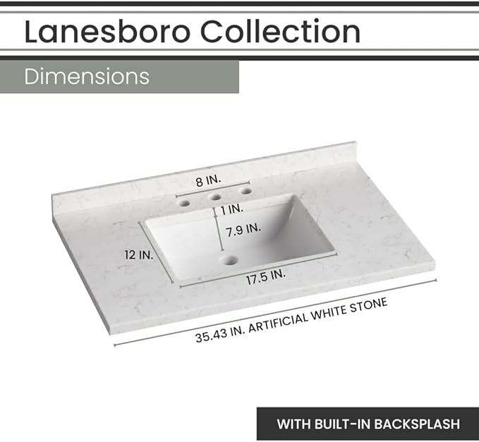 Hanover 36 Set Includes w, White Lanesboro 36'' Vanity Sink Combo for Bathroom, Powder Room | Pre-Assembled 2 Doors, 3 Drawers | Accent Mirror | Artificial Stone Countertop, Cabinet, 36 inches