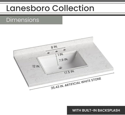 Hanover 36 Set Includes w, White Lanesboro 36'' Vanity Sink Combo for Bathroom, Powder Room | Pre-Assembled 2 Doors, 3 Drawers | Accent Mirror | Artificial Stone Countertop, Cabinet, 36 inches