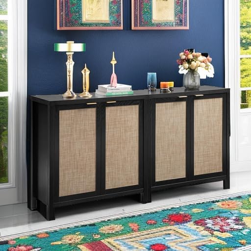 SICOTAS Sideboard Buffet Storage Cabinet - Boho Rattan Credenza Coffee Bar Cabinet with Large Storage, Farmhouse Console Buffet Table for Kitchen Living Room Entryway - 2 Black Pieces
