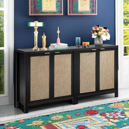 SICOTAS Sideboard Buffet Storage Cabinet - Boho Rattan Credenza Coffee Bar Cabinet with Large Storage, Farmhouse Console Buffet Table for Kitchen Living Room Entryway - 2 Black Pieces