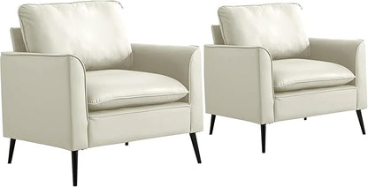 YISHENG Mid-Century Modern Living Room Accent Chairs Set of 2 - Oversized Faux Leather Armchairs with Removable Cushions & Metal Legs, Comfortable Sofas for Office/Lounge/Bedroom/Reception,Cream