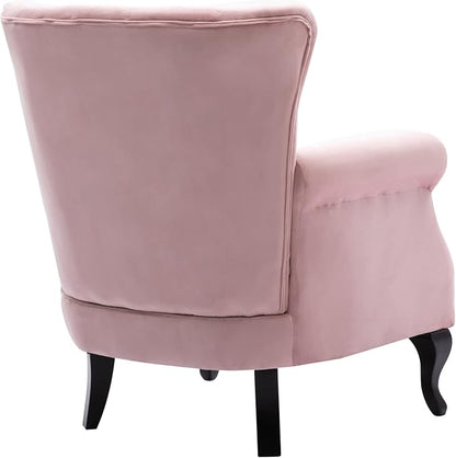 Mid Century Modern Accent Chair Upholstered Armchair Comfy Velvet Fabric Single Sofa with Tufted Wingback for Small Spaces Bedroom Living Room, Pink