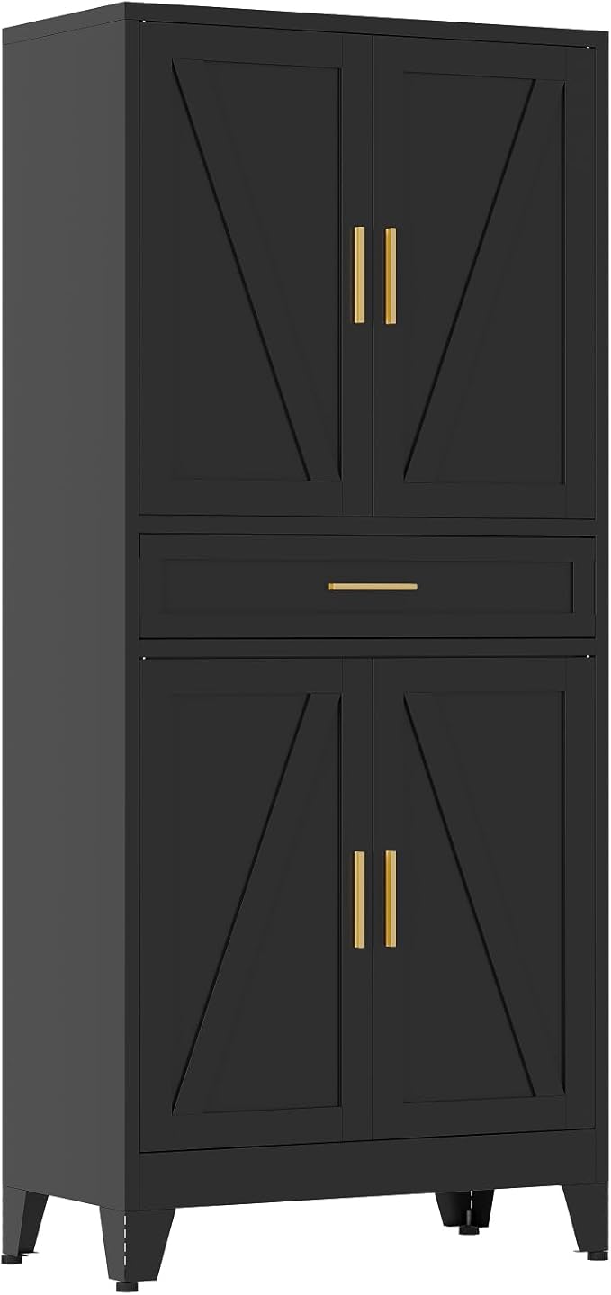 Large Metal Kitchen Pantry Cabinet with Adjustable Shelves - Freestanding Kitchen Storage Cabinet for Dining Room,Livingroom Bathroom, Hallway, Workshop, Office (Black, 71"-1 Drawer)