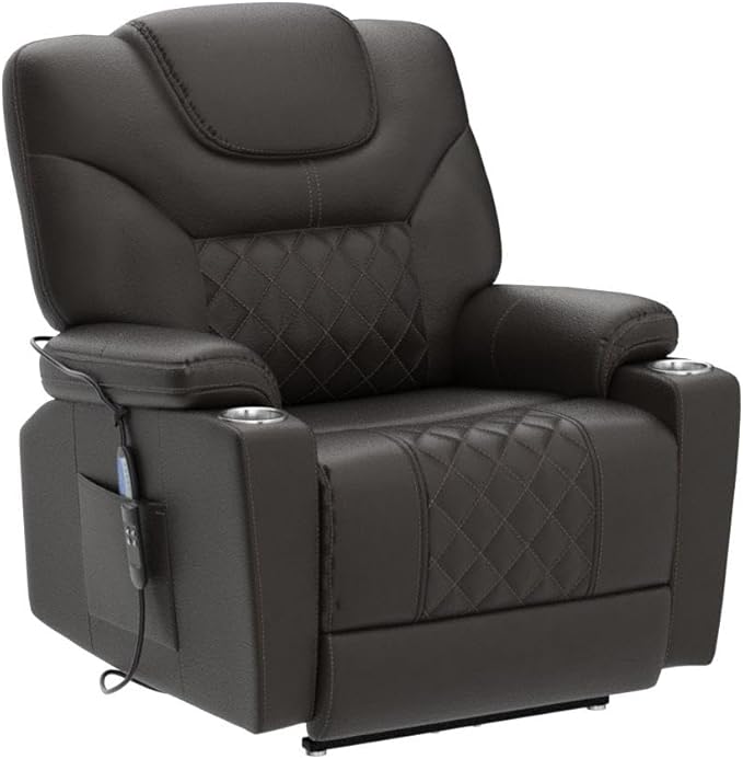 Lift Chair for Elderly: 9988 High Density Foam Lay Flat Heat and Massage, Reclining to 180, 2 Pockets Cup Holders, 2 Remote Controls, Dual OKIN Motors - Breathable Leather Reddish Brown
