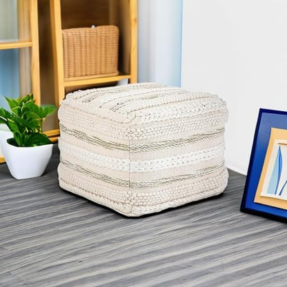 SIMPLIHOME Sommer Boho Square Pouf in Natural Handloom Woven Pattern for the Living Room, Bedroom and Kids Room