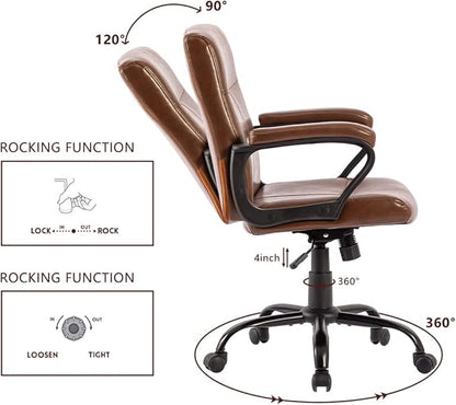 DYHOME Leather Office Chair Brown Desk Chair with Armrest, Ergonomic Computer Chair Mid Back, Mid Century Modern Home Office Desk Chair with 30° Tilting Backrest, Capacity 400lbs